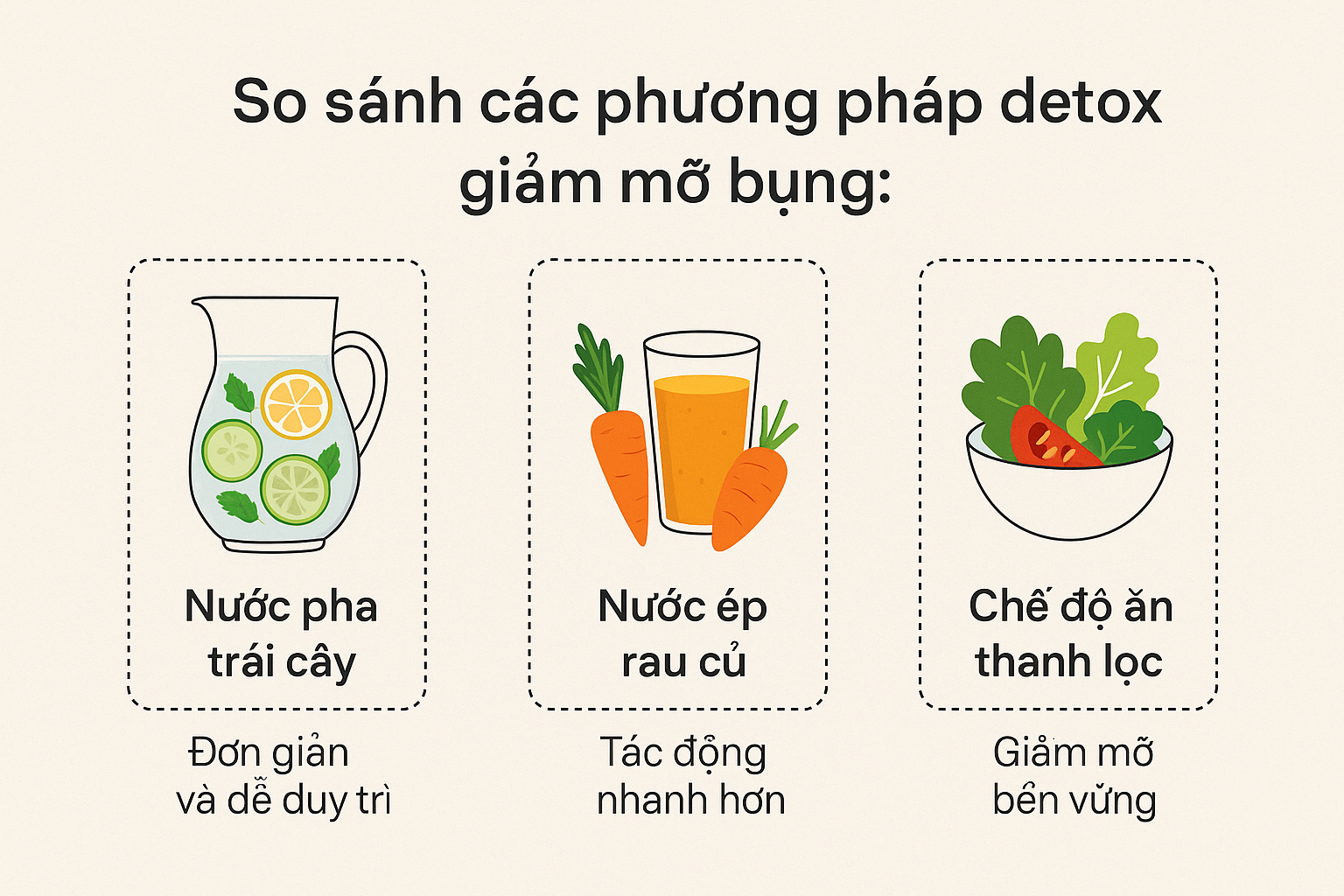 so sánh các phương pháp detox để giảm mỡ bụng